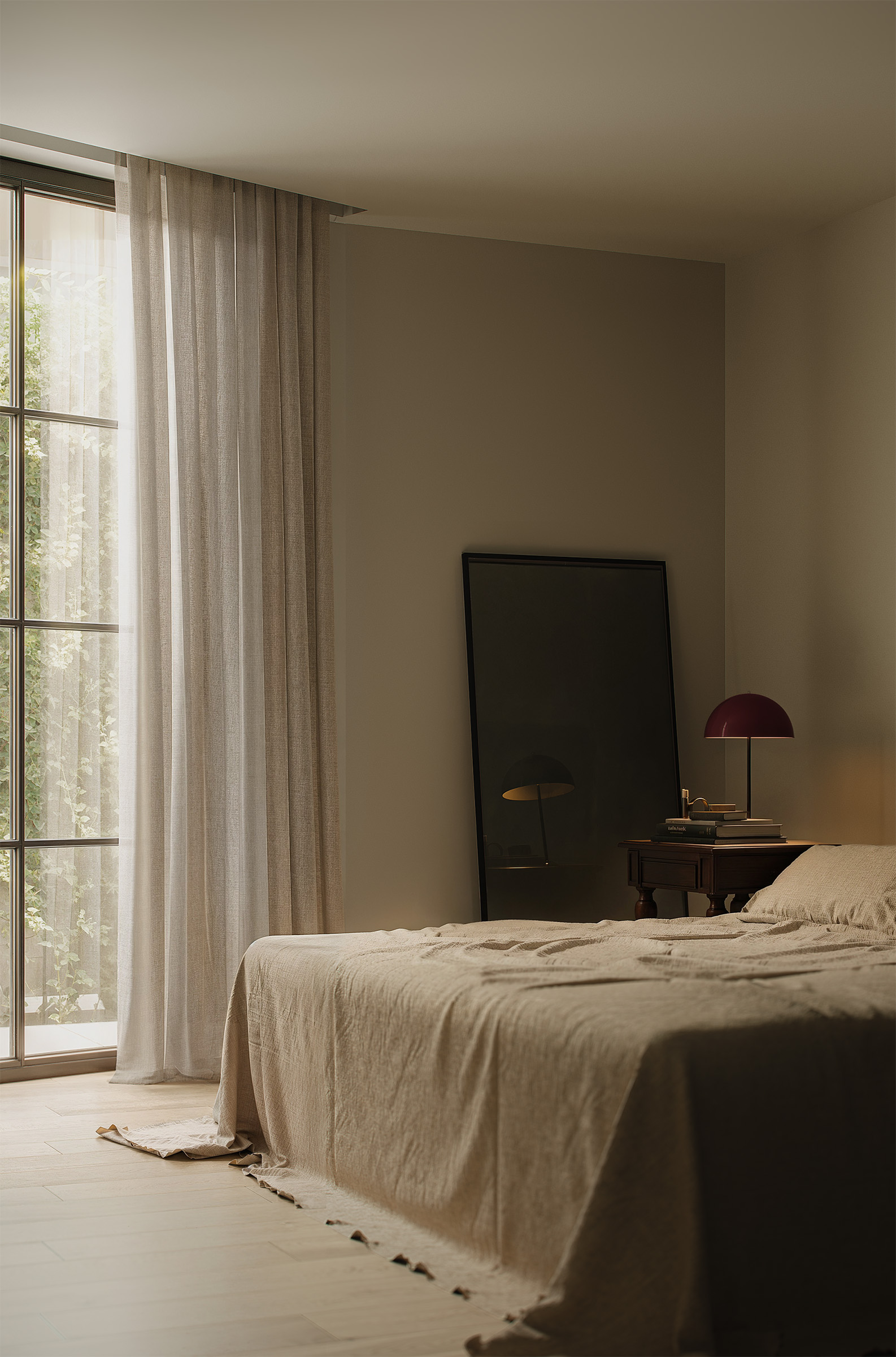 Minimalist bedroom interior with natural linen bedding, soft daylight, floor-length curtains and vintage wooden nightstand — cozy and calm design for serene living