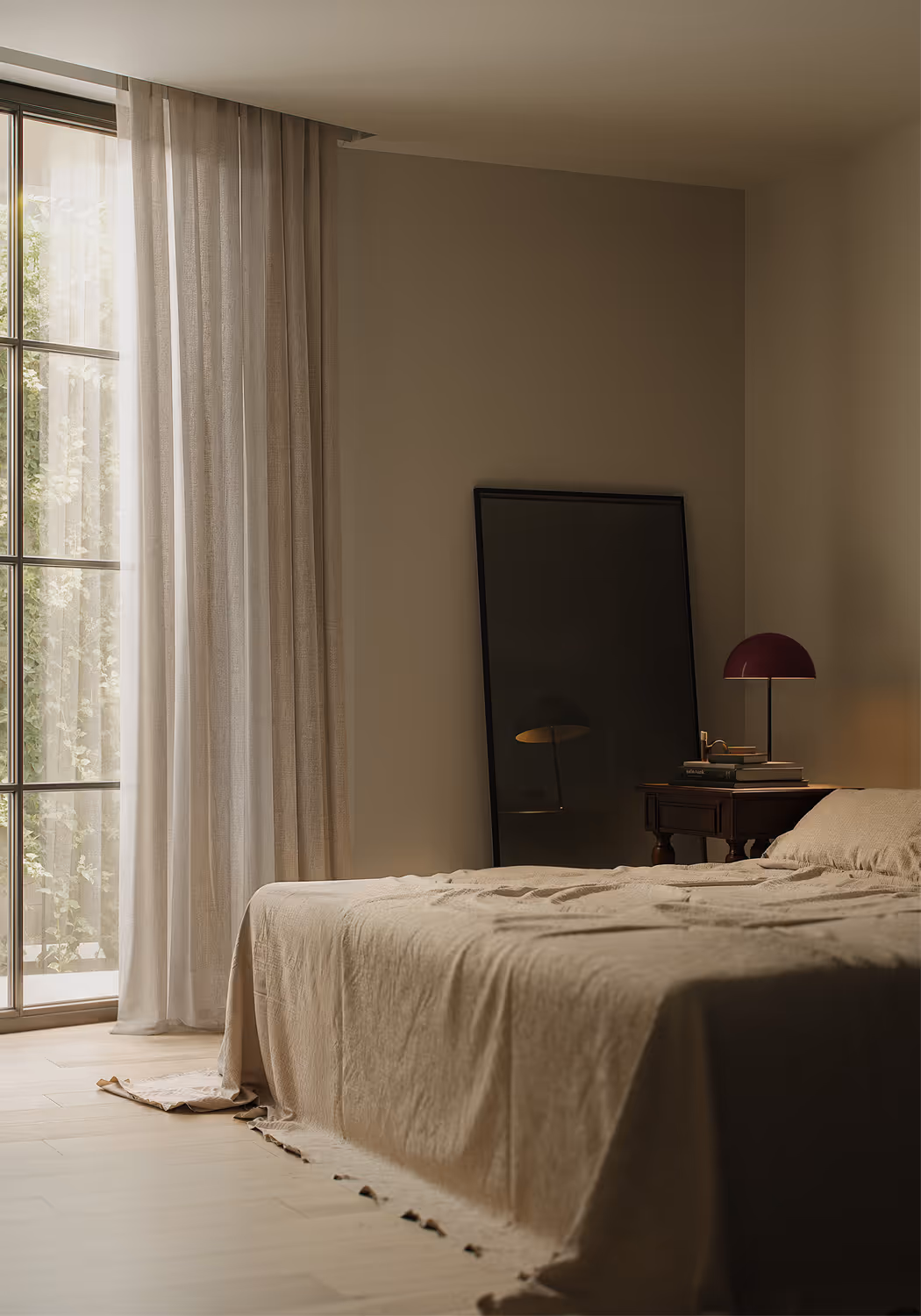 Minimalist bedroom interior with natural linen bedding, soft daylight, floor-length curtains and vintage wooden nightstand — cozy and calm design for serene living