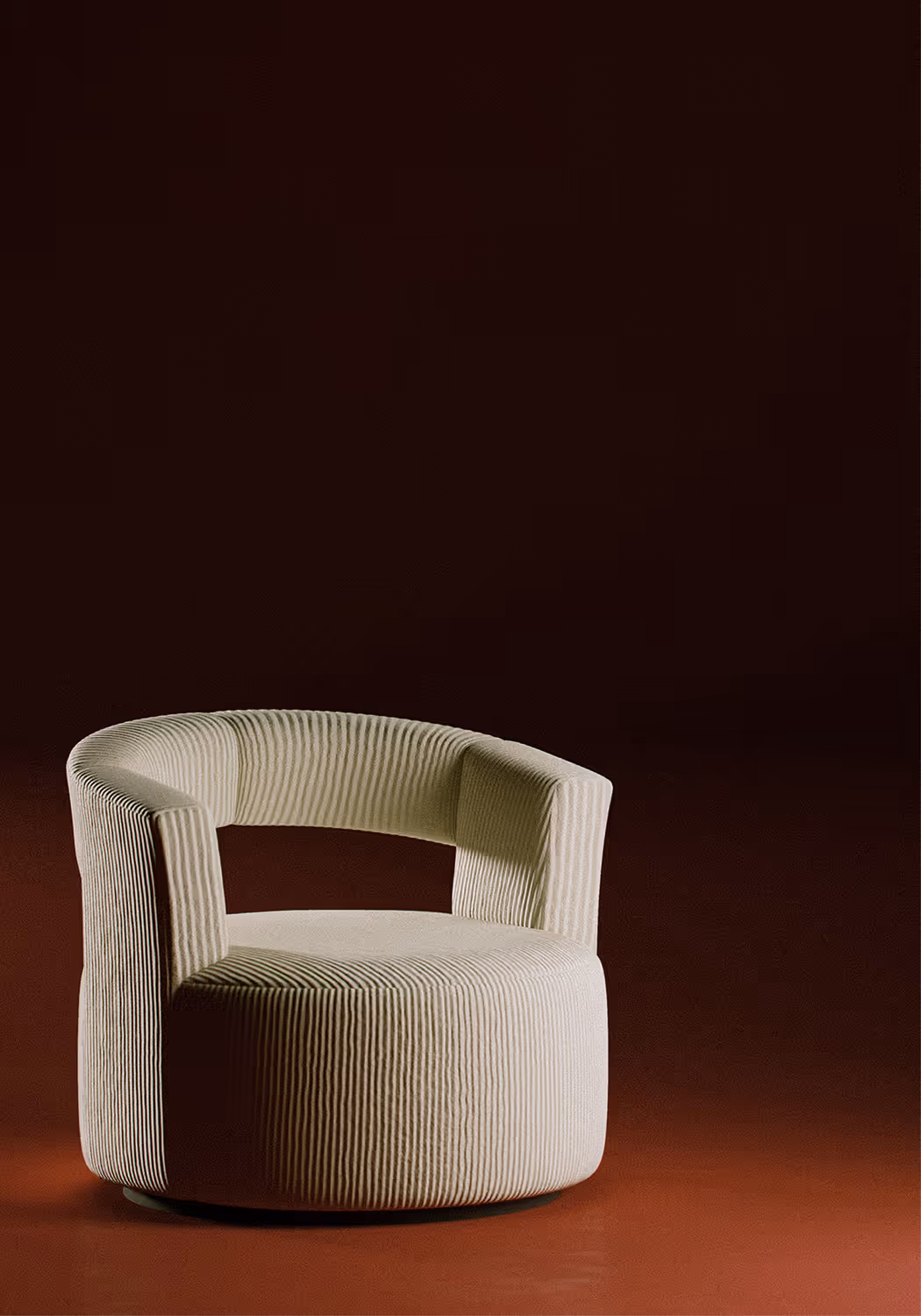 Contemporary round lounge chair with ribbed fabric upholstery in beige tone — minimalist designer furniture on deep red background
