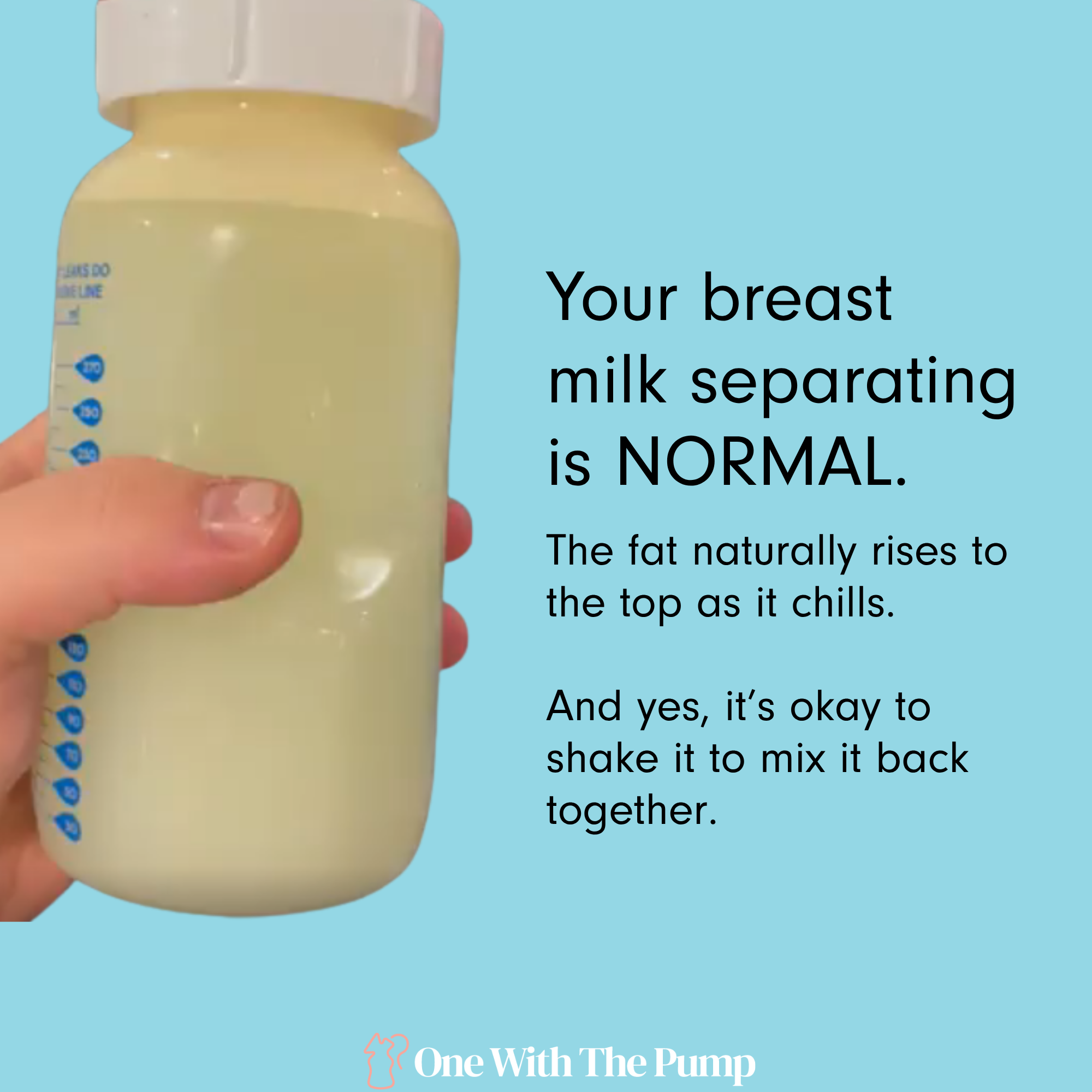 A bottle of breast milk separating into a thick, cream-colored layer of fat at the top and a thinner liquid layer at the bottom