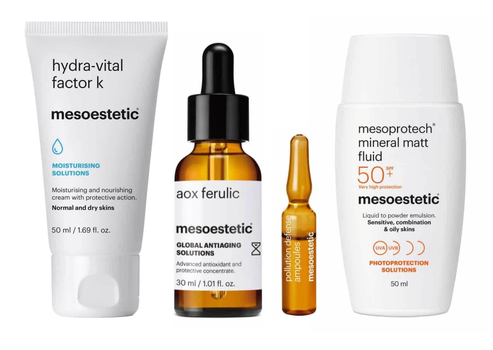 Line up of 4 Mesoestetic skincare products, including mineral matt fluid and moisturising solutions