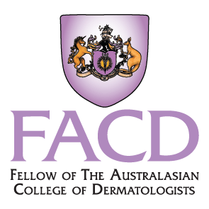 Fellow of the Australasian College of Dermatologists (FACD) logo, purple shield coat of arms with 'FACD' letters beneath