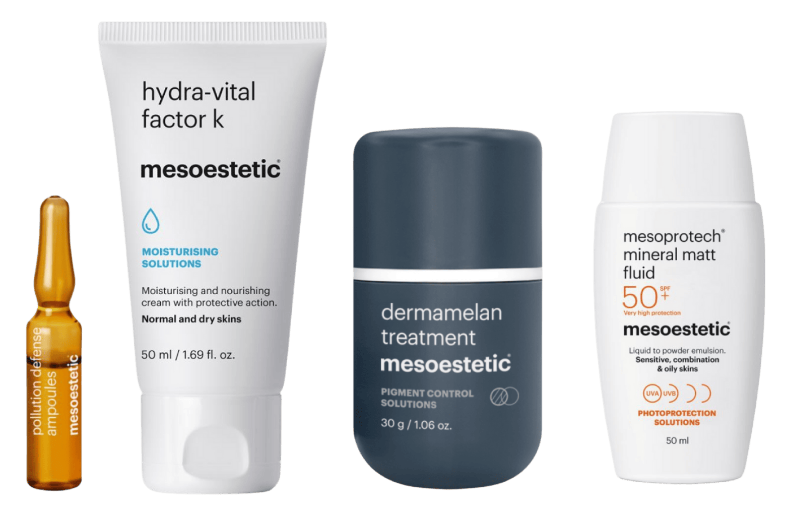 Line up of 4 Mesoestetic skincare products, including Dermamelan and moisturising solutions