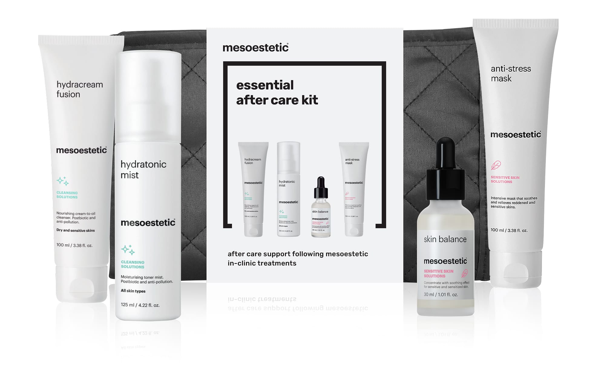 Line up of 4 Mesoestetic skincare products, including Dermamelan and moisturising solutions
