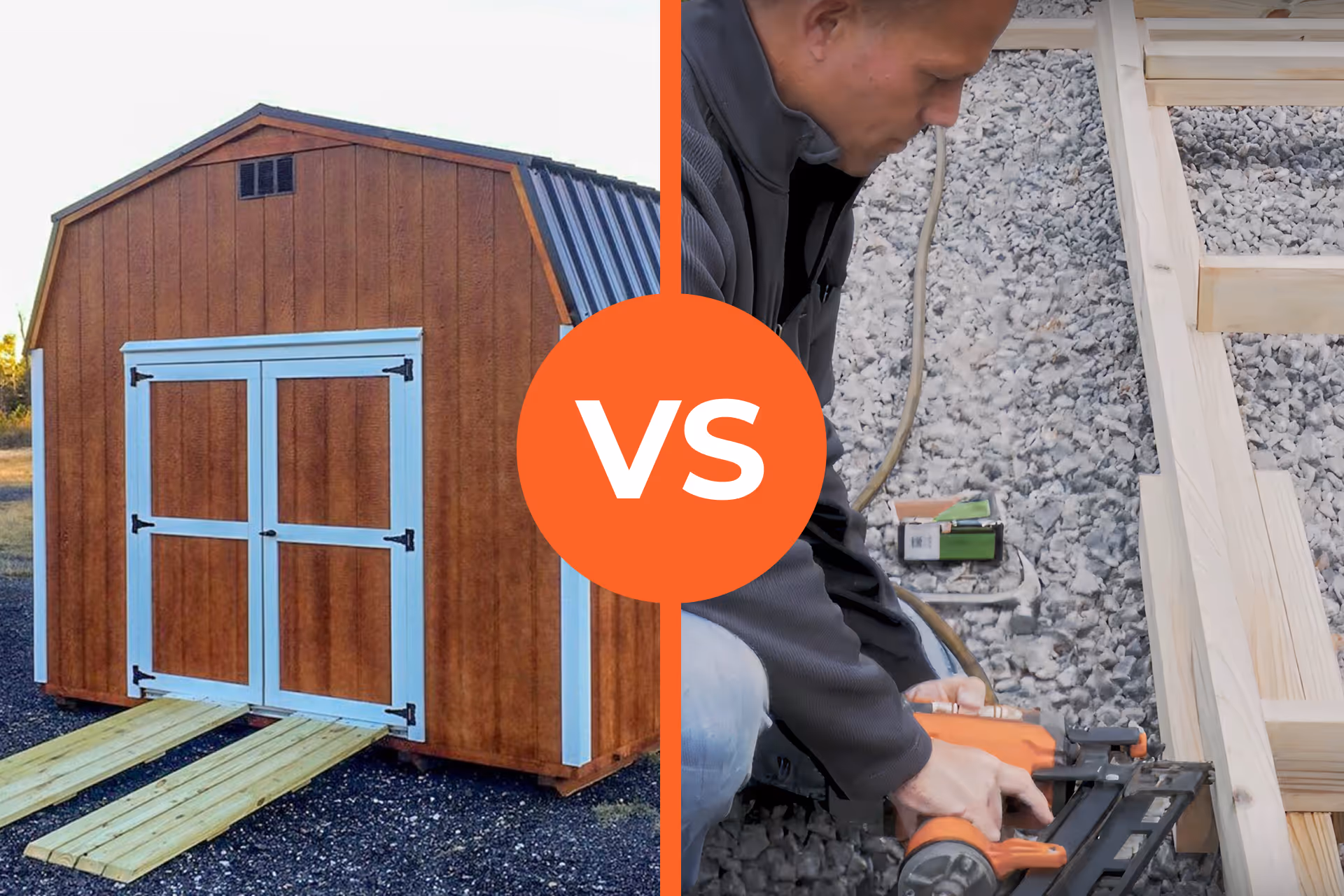 split screen of prebuilt shed and a DIY shed kit
