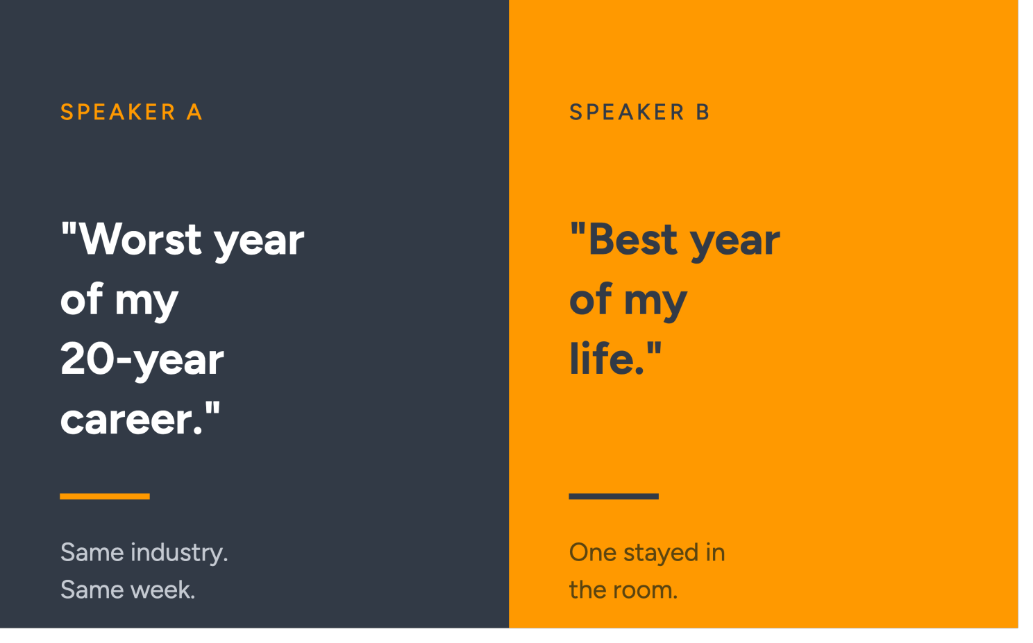 Two speakers having two different experiences in 2026. One worst year, the other best year.
