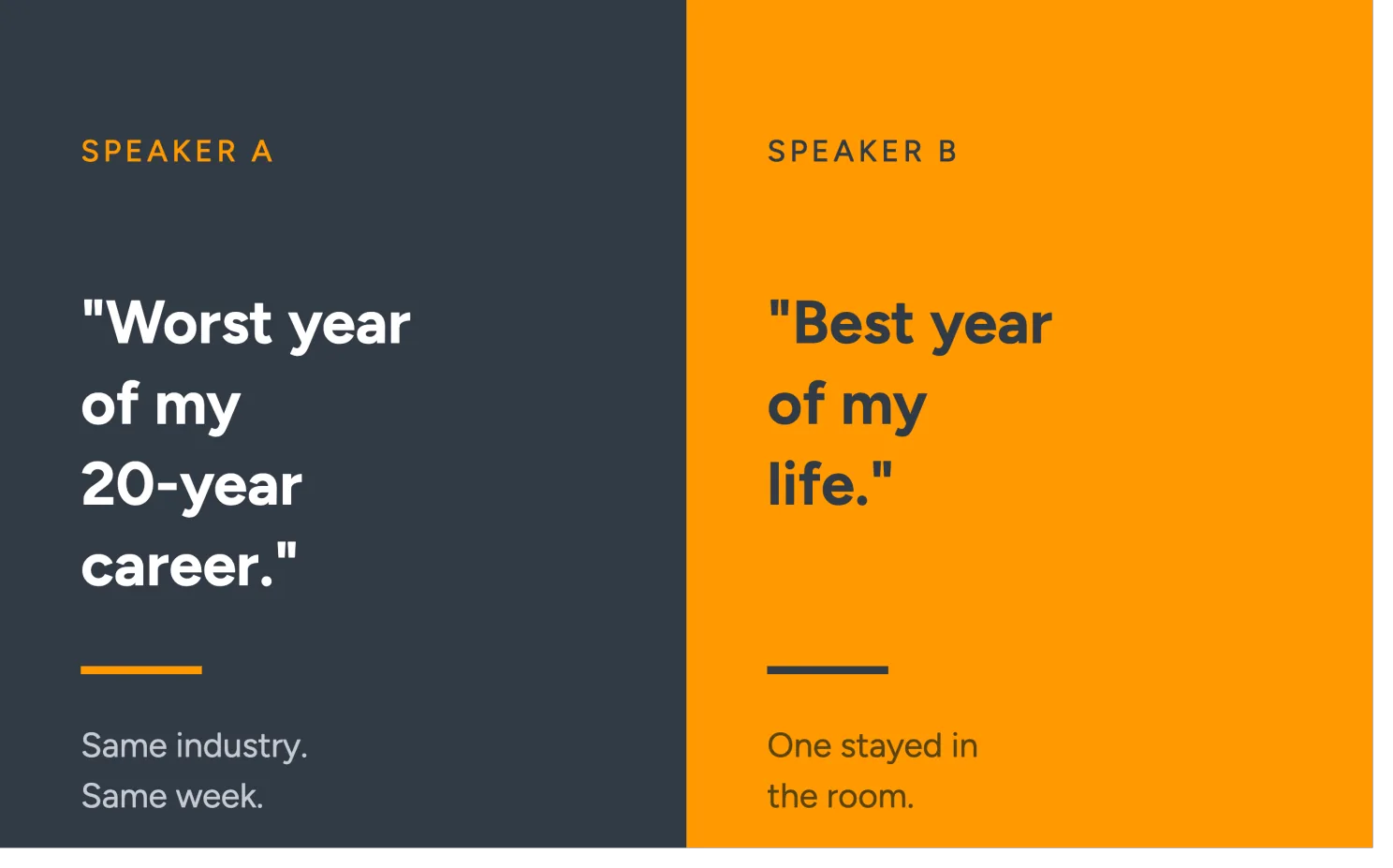 Two speakers having two different experiences in 2026. One worst year, the other best year.