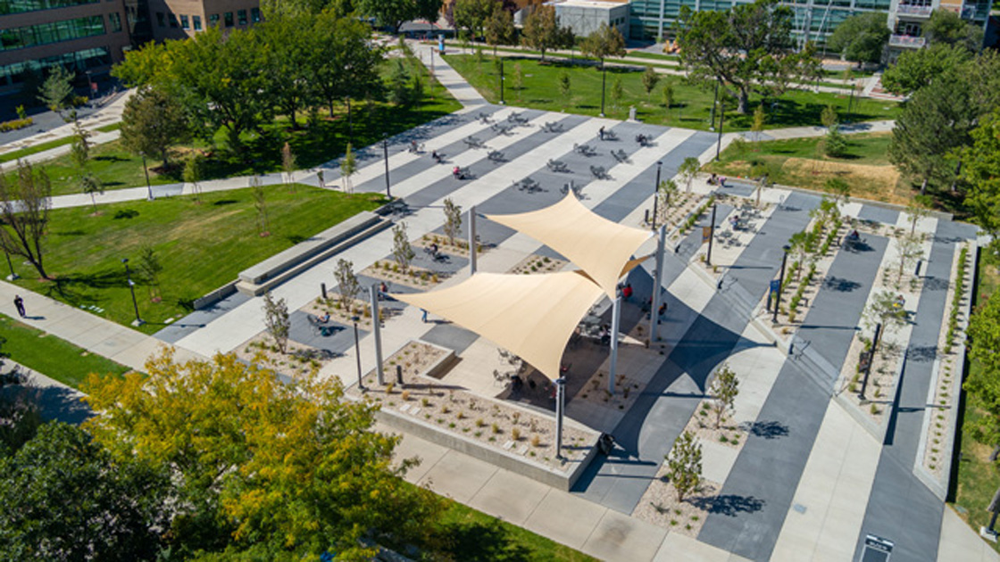 Aerial shot of Alder Plaza at SLCC in summer