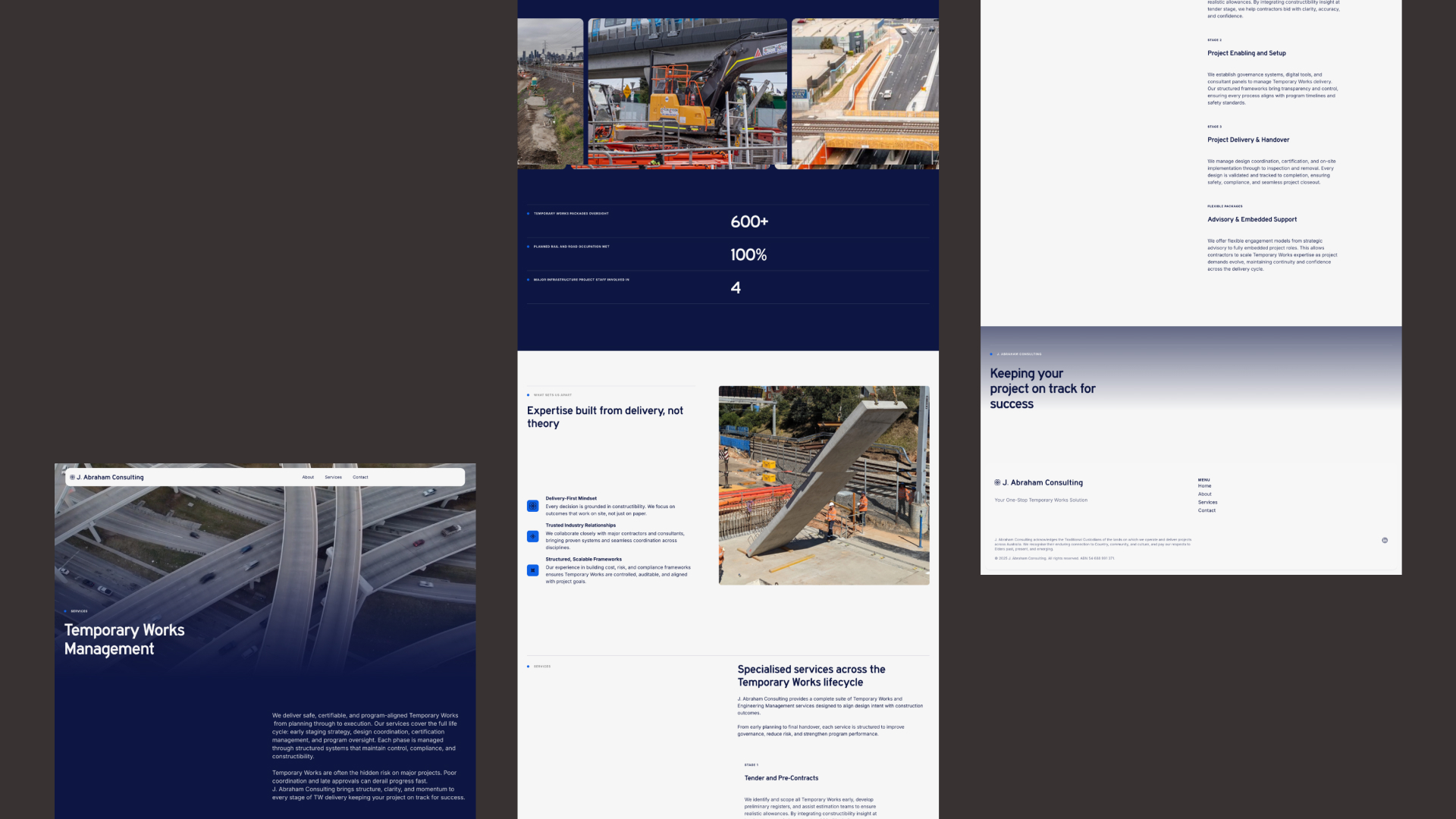 . Abraham Consulting homepage hero showing aerial rail and road infrastructure