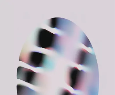Abstract oval shape with pastel gradient colors and blurred horizontal stripes on a light background.