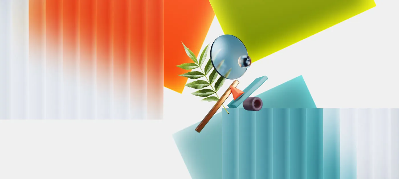 Abstract composition of colorful geometric shapes, a green leaf, and reflective spheres on a light background.