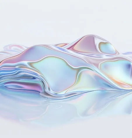 Abstract iridescent waves or folds with smooth, reflective surfaces in pastel hues against a white background.