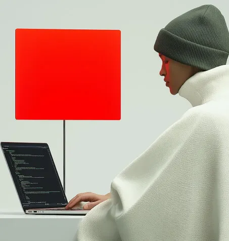 Person in a gray beanie and white sweater working on a laptop with code displayed on screen next to a red rectangular lamp.