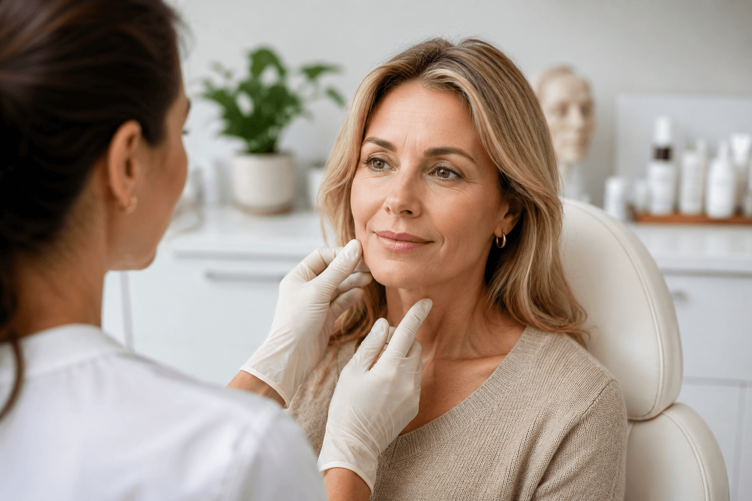 Woman smiling naturally after a Sculptra facial rejuvenation consultation in Columbus, Ohio with subtle, youthful facial volume restoration.