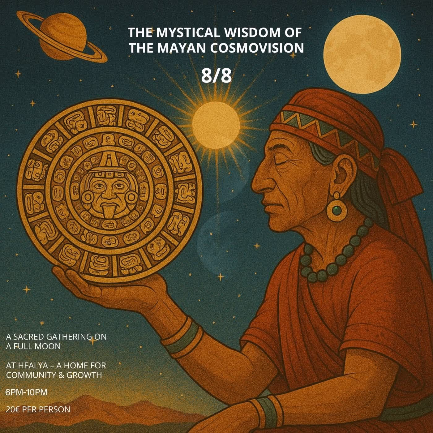 a man holding a circle, a graphic art, invitation for an event. 