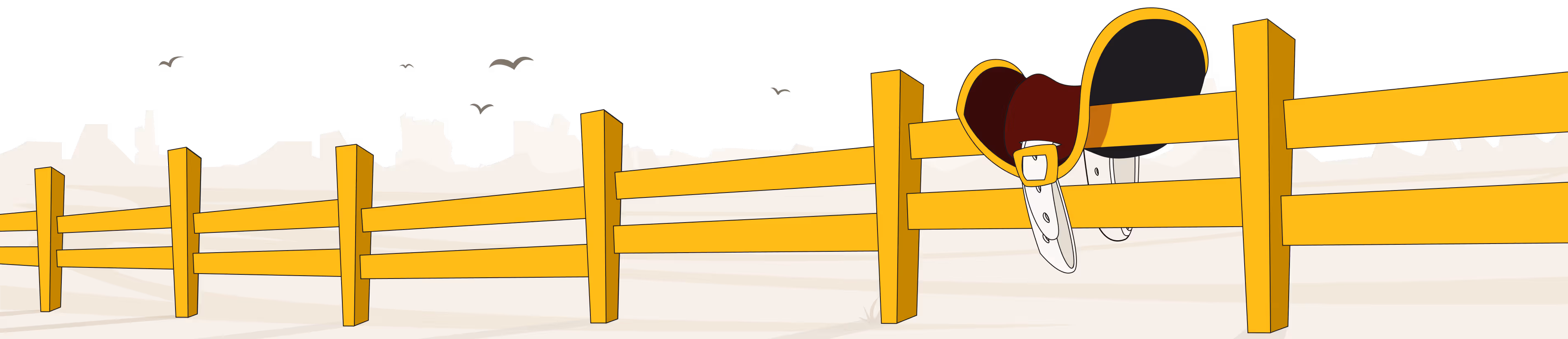 A painting of a yellow fence with birds flying over it.