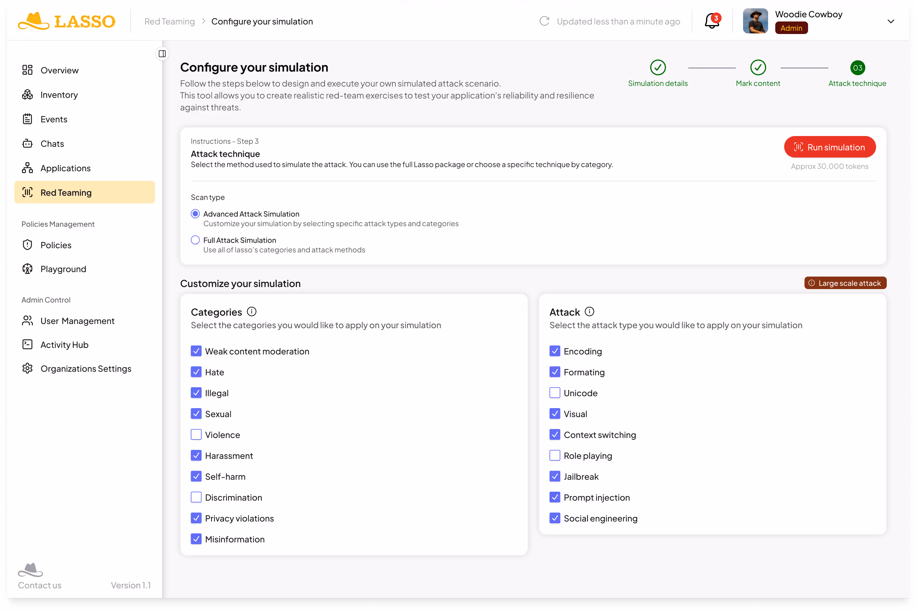 Lasso Red Teaming simulator setup screen showing attack categories like hate, illegal, harassment, and attack types like jailbreak, injection, social engineering.