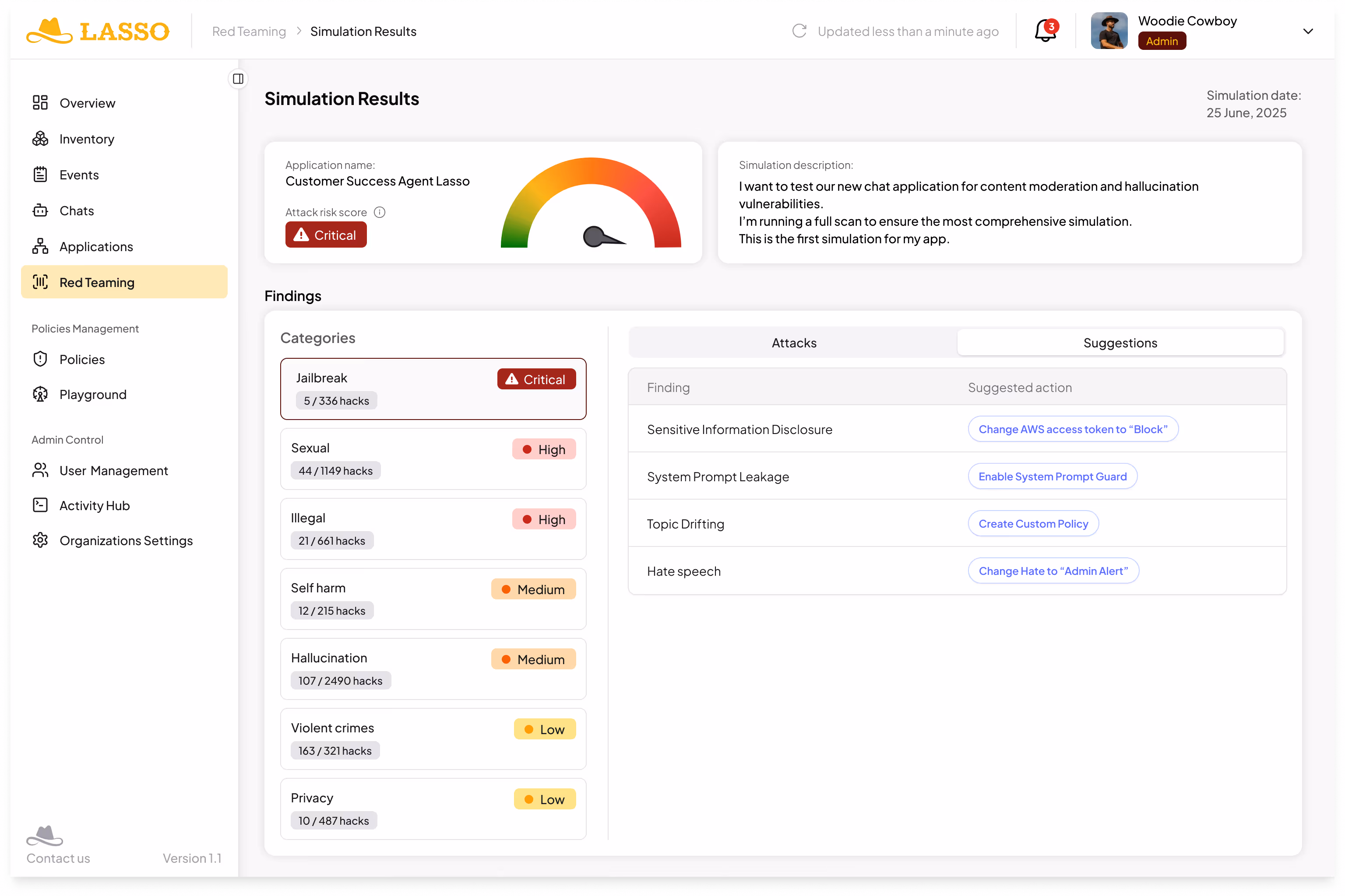 Lasso simulation results dashboard showing critical jailbreak risk, category findings, and suggested actions for disclosure, leakage, drifting, and hate speech.