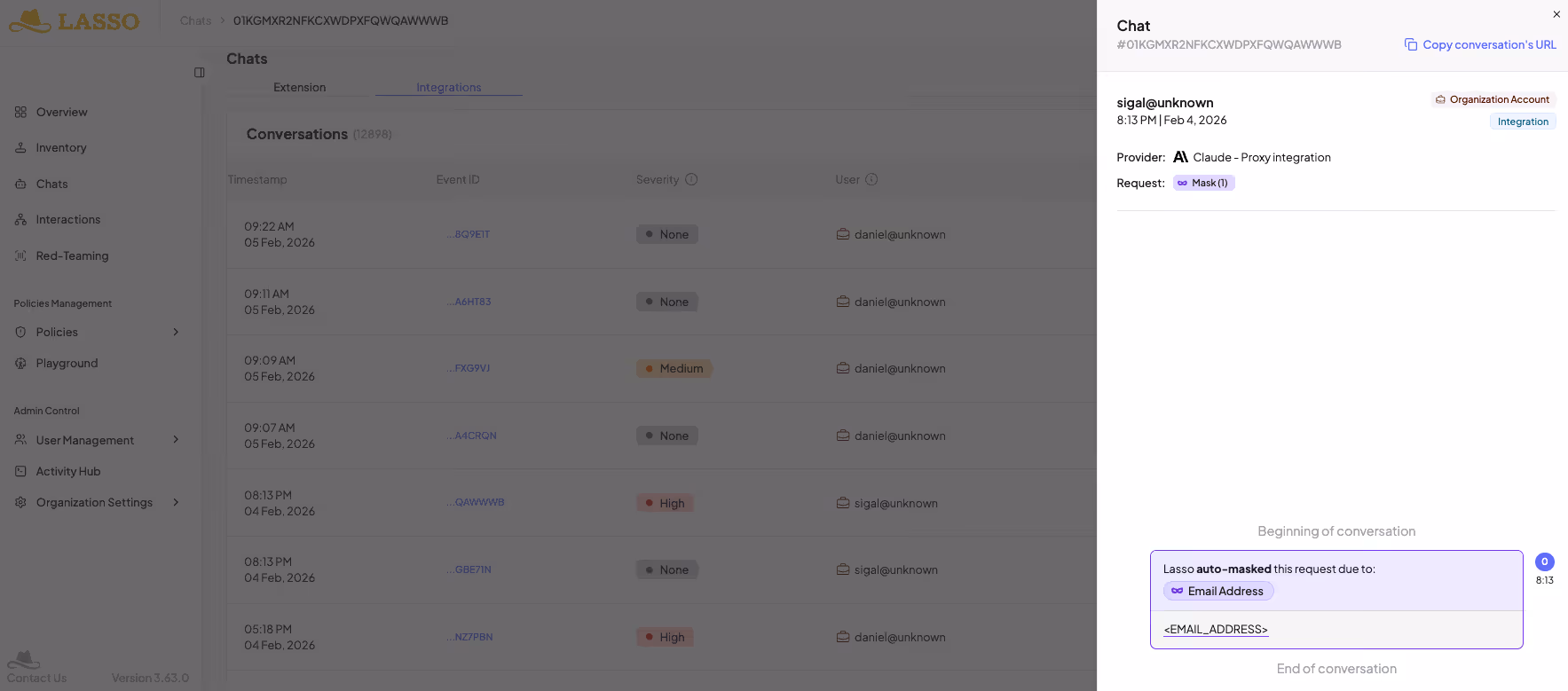 Lasso chat panel showing AI conversation, Claude proxy integration, and auto-masked email address flagged under data protection policy.