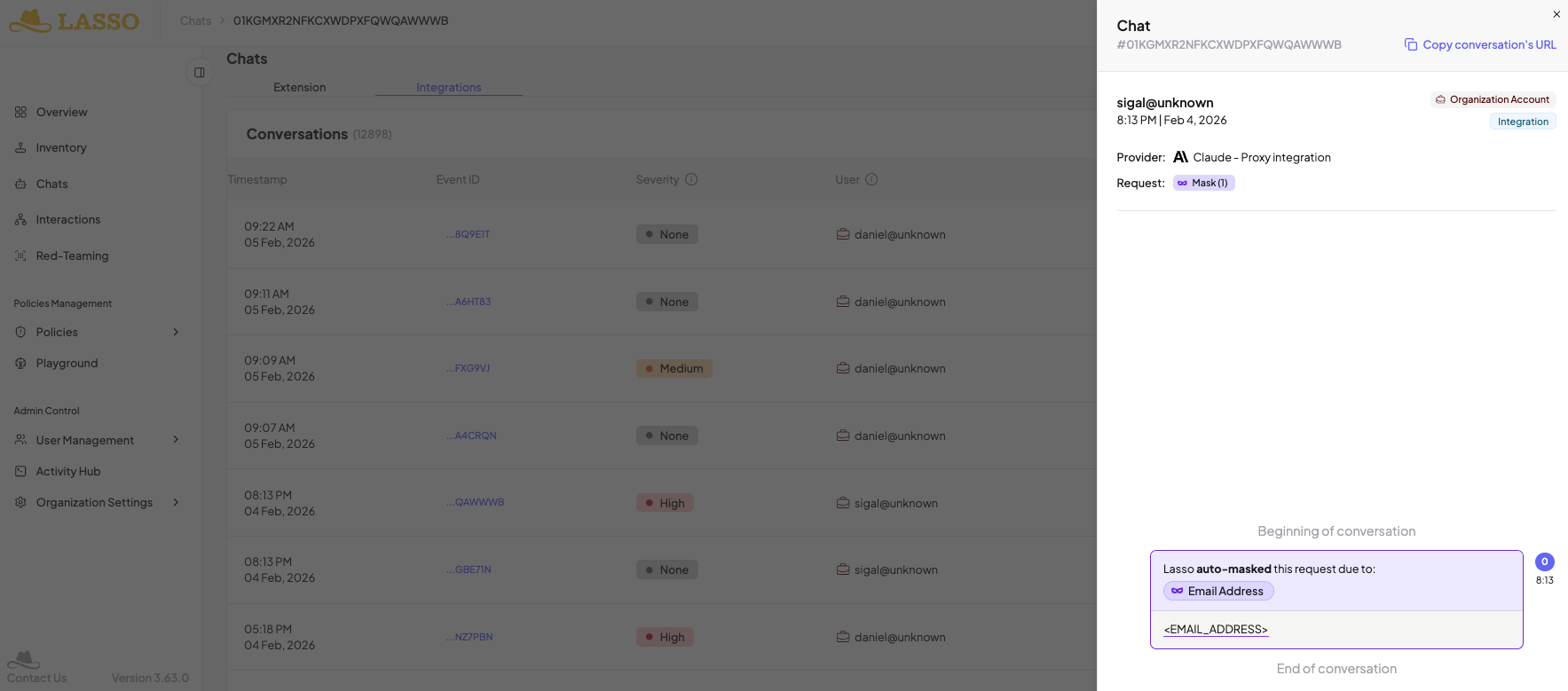 Lasso chat panel showing AI conversation, Claude proxy integration, and auto-masked email address flagged under data protection policy.
