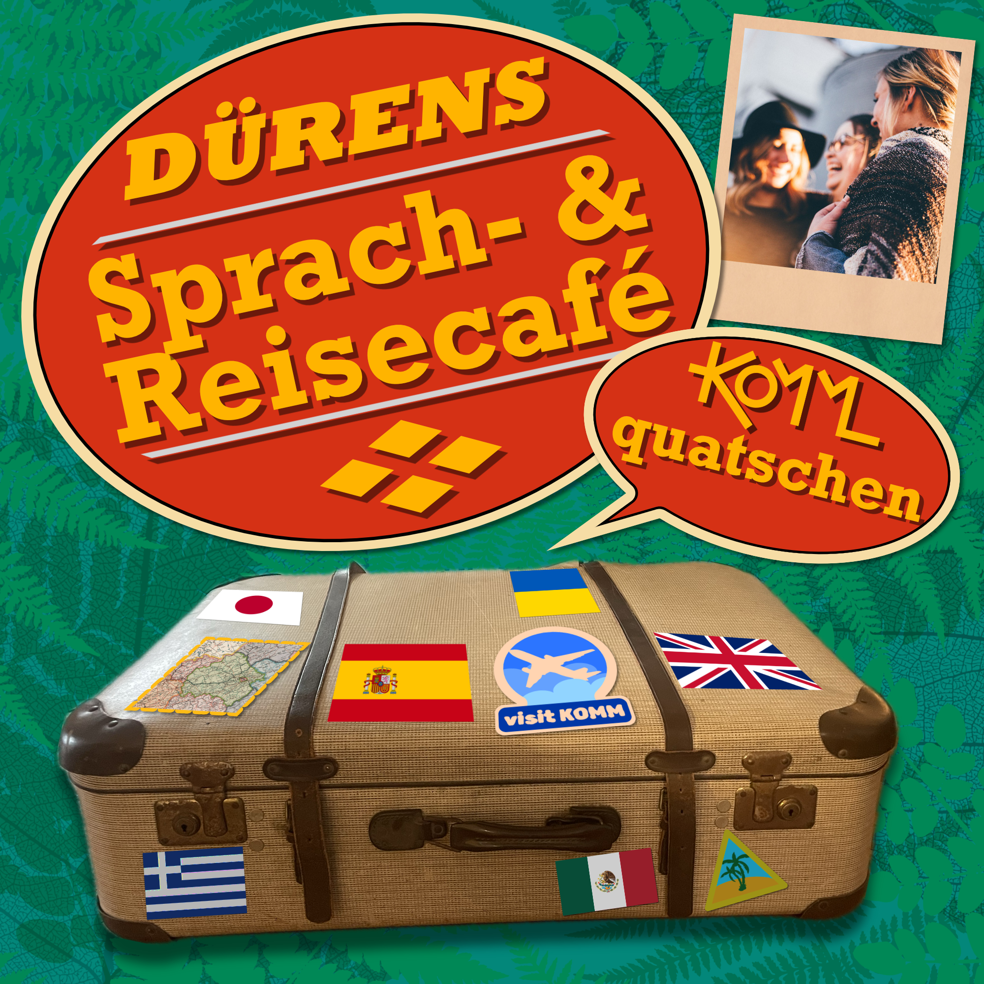 Einen mit Reise-Stickern beklebter Koffer und einen Schriftzug mit dem Namen der Veranstaltung.