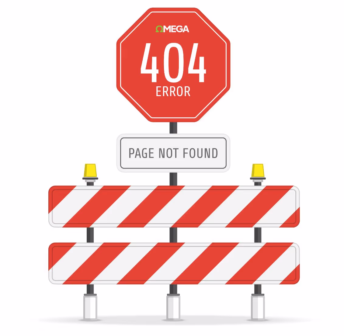A red stop sign reads '404 Error' above a rectangular sign that states 'Page Not Found.' Below, there are two striped red-and-white no entry barriers.