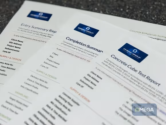 Three report documents on a textured surface with blue headings and logos. Titles read "Entry Summary Report," "Completion Summary," and "Concrete Cube Test Report." The reports have organized text sections with labels like "Client" and "Site Address." The image conveys a professional, analytical tone.
