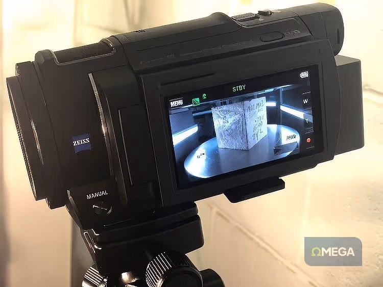 Close-up of an HD digital video camera on a tripod, displaying a concrete block on its preview screen with lines of text showing live results. The setting is a well-lit laboratory, suggesting a setting for documentation or analysis.