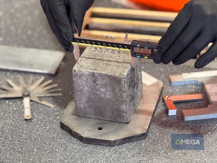 A person wearing black gloves uses a digital caliper to measure a gray metal cube on a speckled surface. Various measurement tools are scattered around.