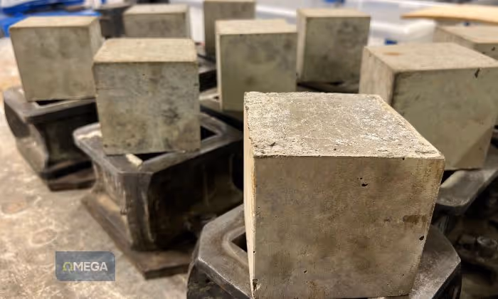 150mm concrete cubes on black steel cube moulds are arranged closely on a lab bench. The surface of the cubes appears rough and unpolished. The setting suggests an industrial or lab environment.