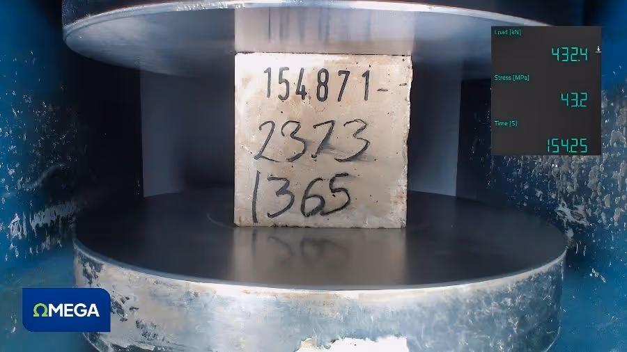 A concrete block with numbers is being compressed in a hydraulic press. The display shows a load of 432.4 kN and a stress of 43.2 MPa, indicating a technical testing setting.