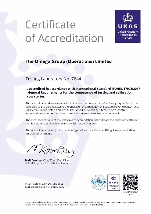 Certificate of Accreditation for The Omega Group, Testing Laboratory No. 7644, from UKAS, certifying ISO/IEC 17025:2017 compliance for testing laboratories. Includes official seals, signature and accreditation details.