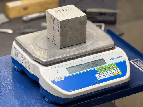 A grey concrete cube sits on a digital scale with a blue and white screen. It displays 2450.5 grams as the air weight.