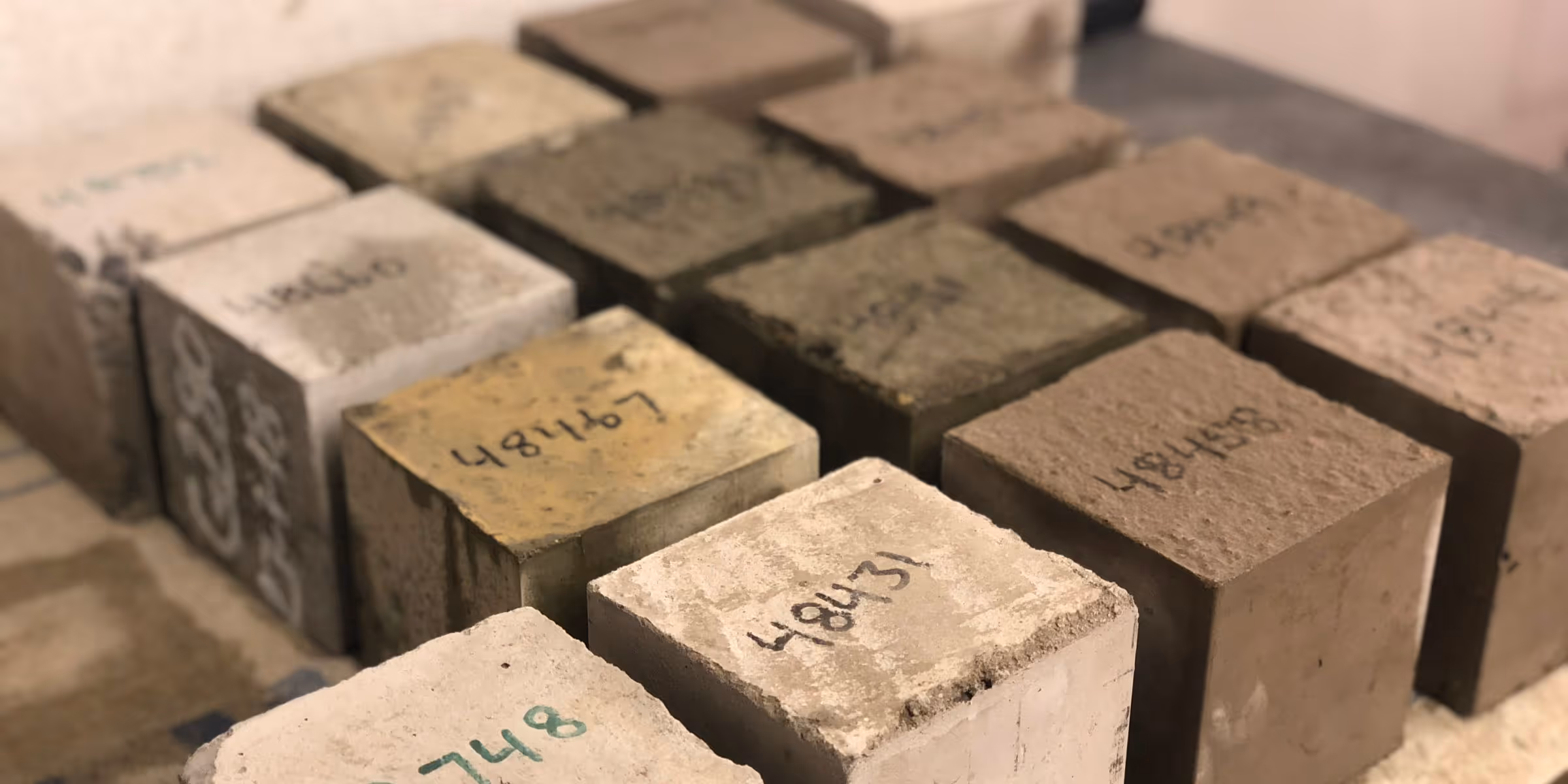 Concrete blocks with handwritten numbers are arranged in rows. They vary in shades of grey and beige, conveying an industrial, testing atmosphere.