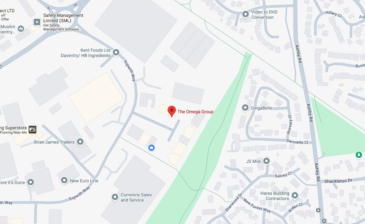 A screenshot of The Omega Group location on Google Maps shown as a red pin location.