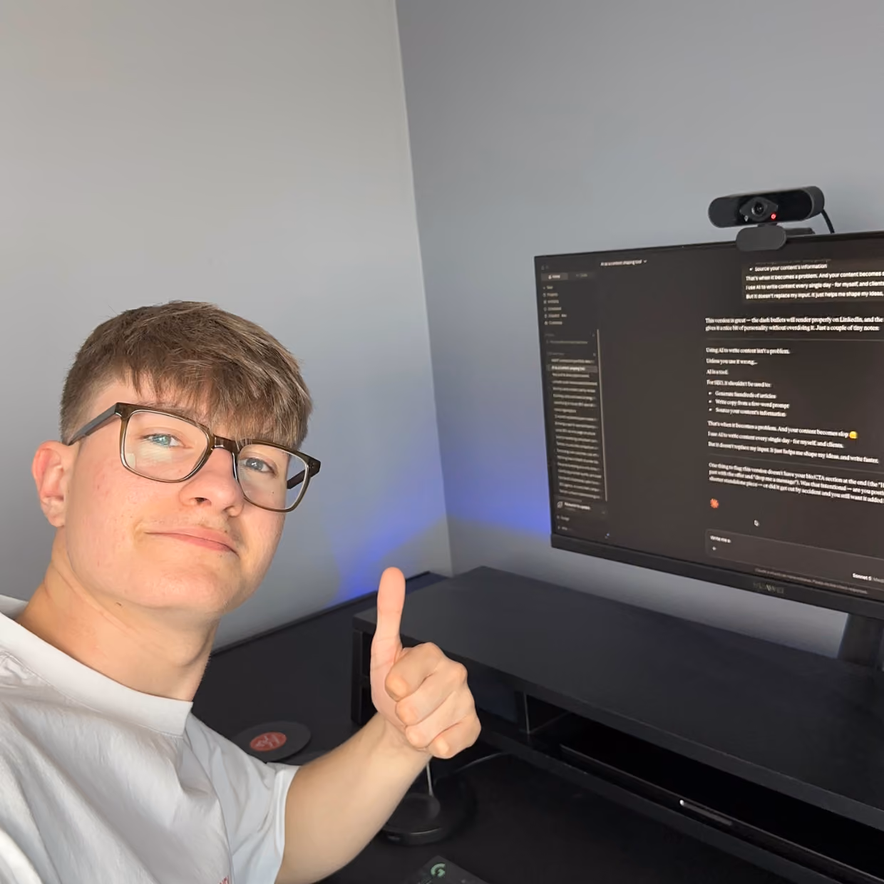 Alfie, an experienced consultant, sat at his desk giving a thumbs up