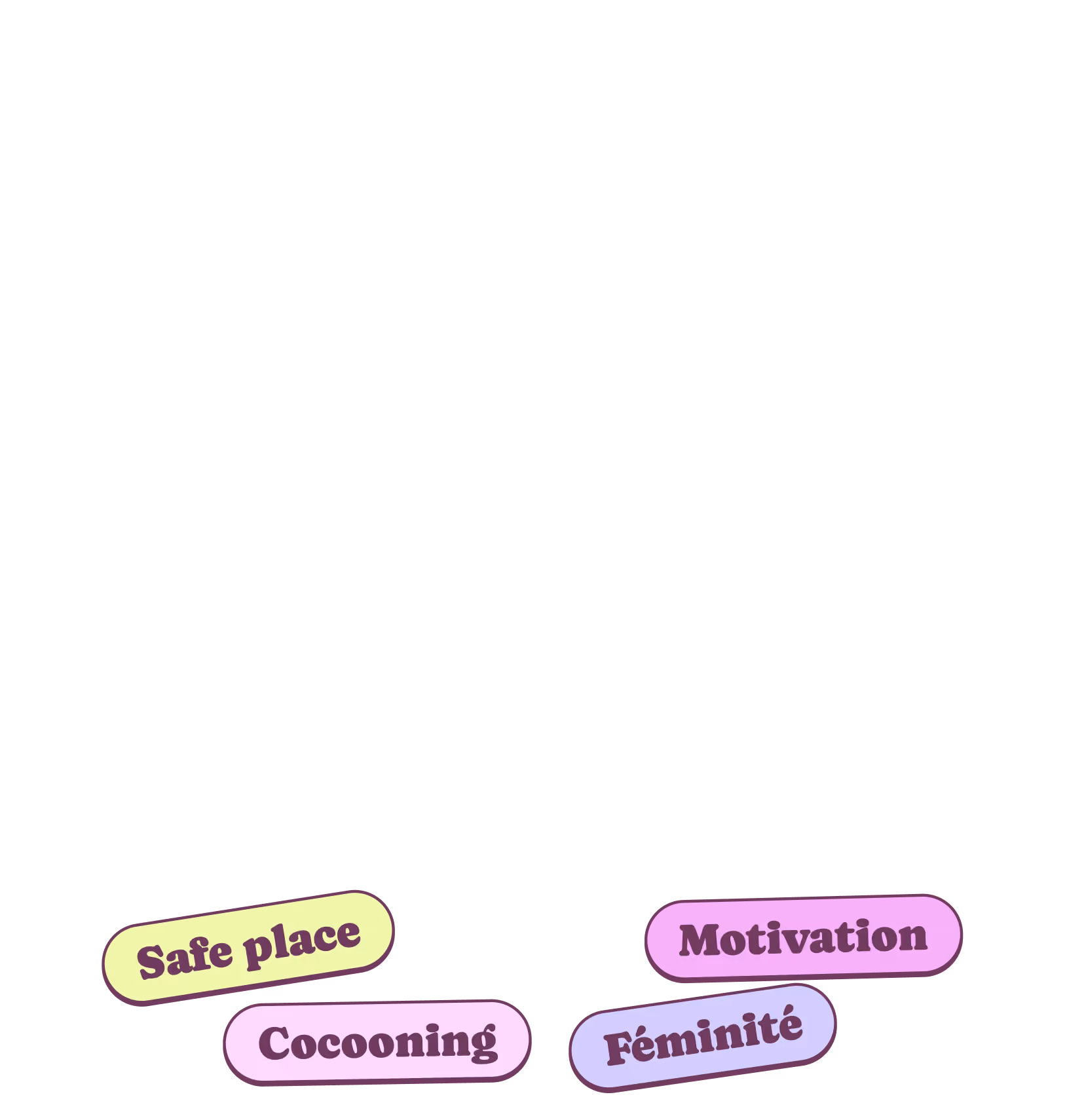 Illustration featuring a black cat with closed eyes and a smile, curled on the floor with its tail wrapped around two books. Four colorful labels surround the cat: 'Safe place,' 'Cocooning,' 'Motivation,' and 'Féminité.'