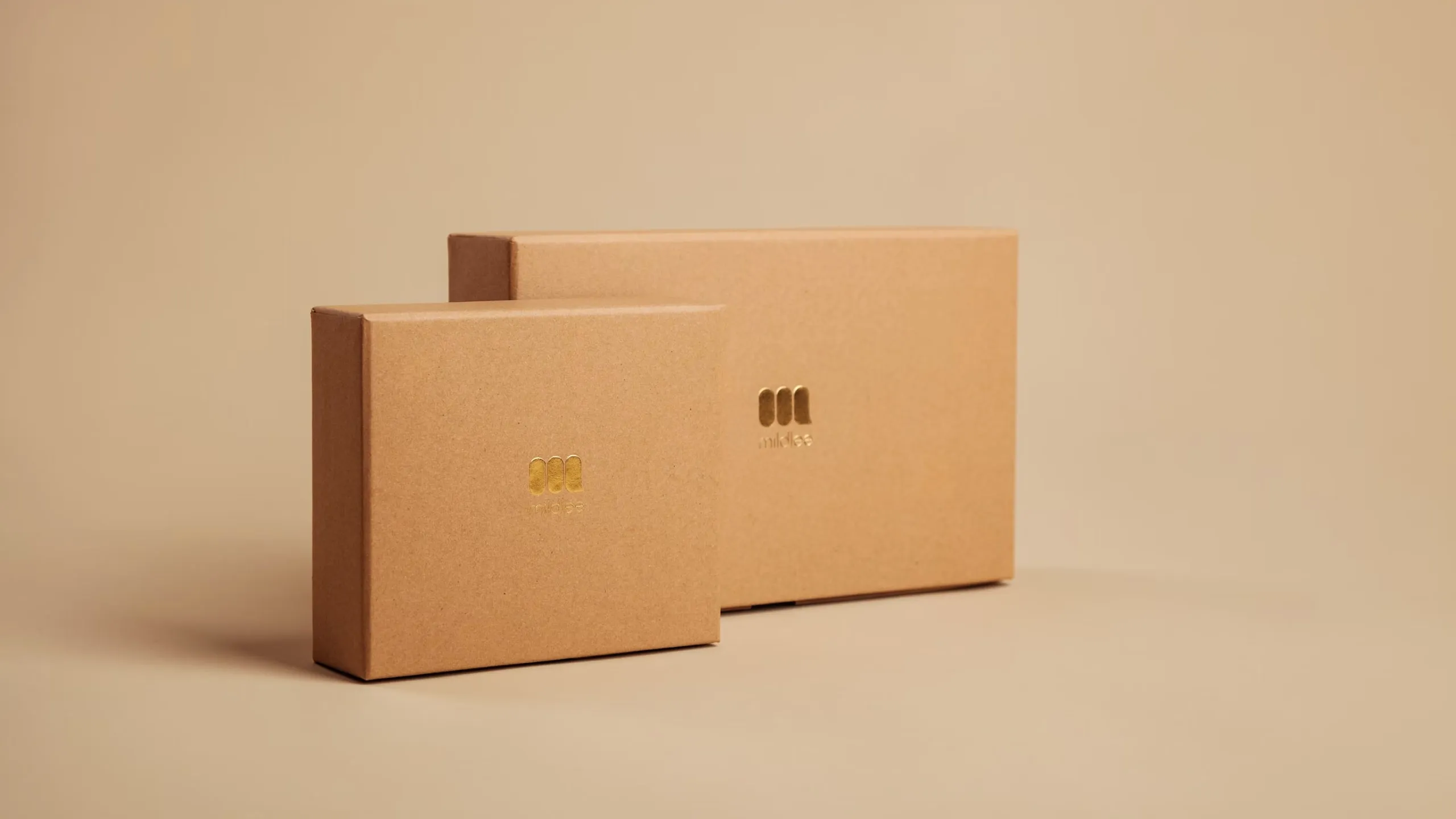 Two brown cardboard boxes with gold logos on a beige surface and background.