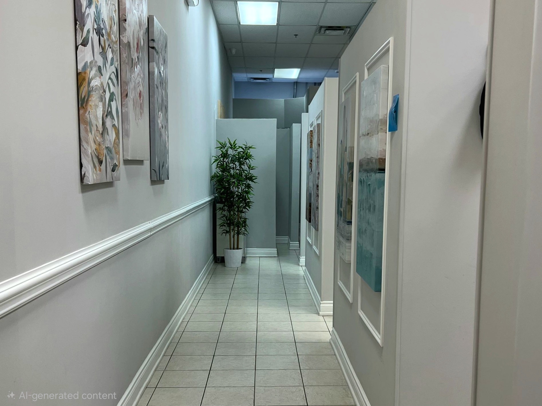 Narrow hallway with tiled floor, ceiling lights, wall paintings, and a potted plant at the end.