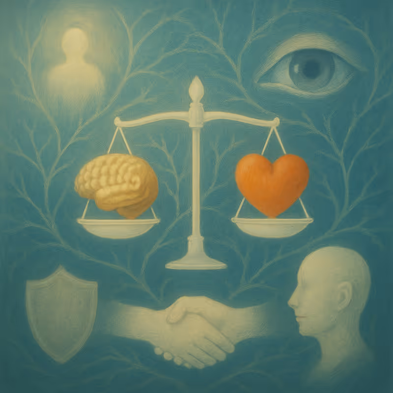 Symbolische Darstellung von Ethik in der Hypnose als malerische Komposition in weichen Blau- und Goldtönen. Im Zentrum befindet sich eine ausgewogene Waage mit einem Gehirn und einem Herzen. Drumherum befinden sich stilisierte Symbole wie ein Auge für Transparenz, ein menschliches Profil für Individualität, ineinandergelegte Hände für Vertrauen, ein Schild für Schutz und eine leuchtende Aura als Symbol für Integrität und Sicherheit.