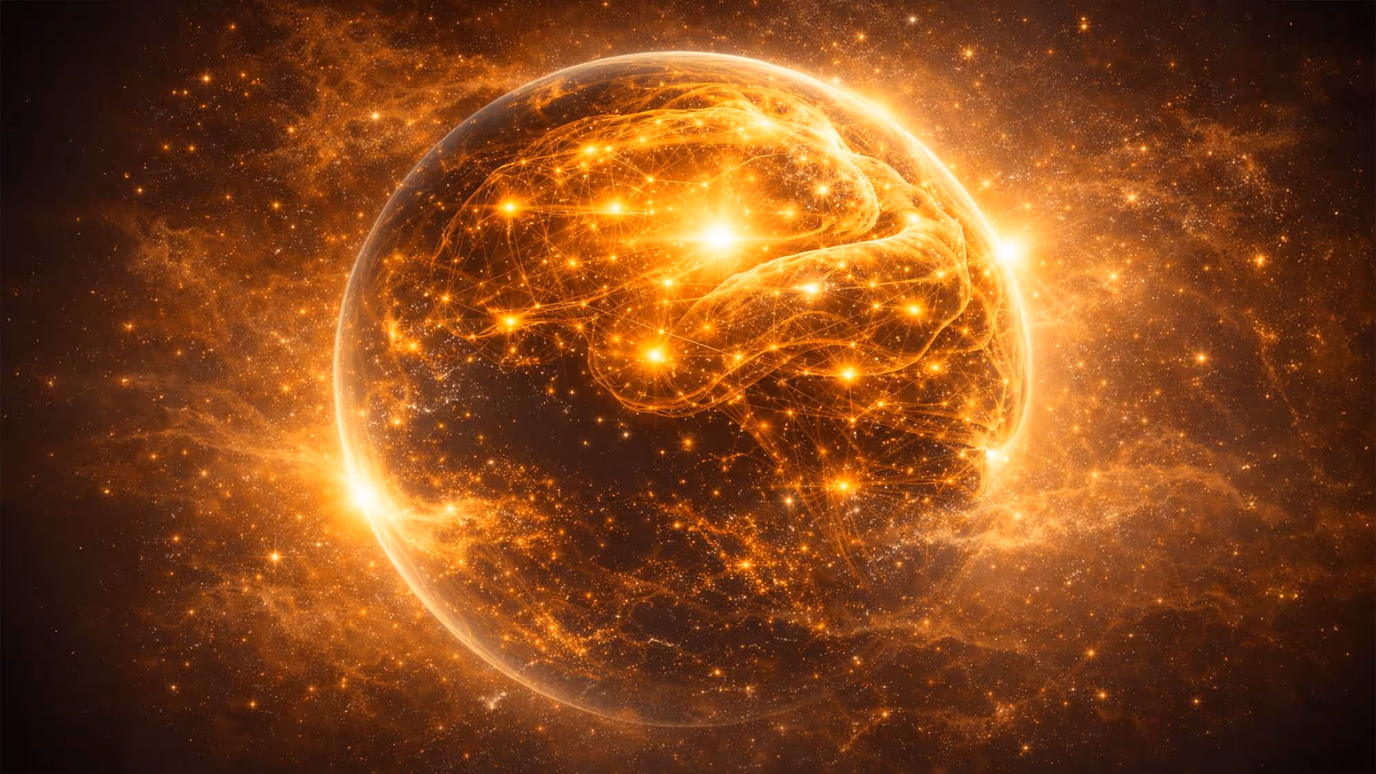 Leuchtendes, vernetztes Gehirn in einer orangefarbenen, galaktischen Umgebung.