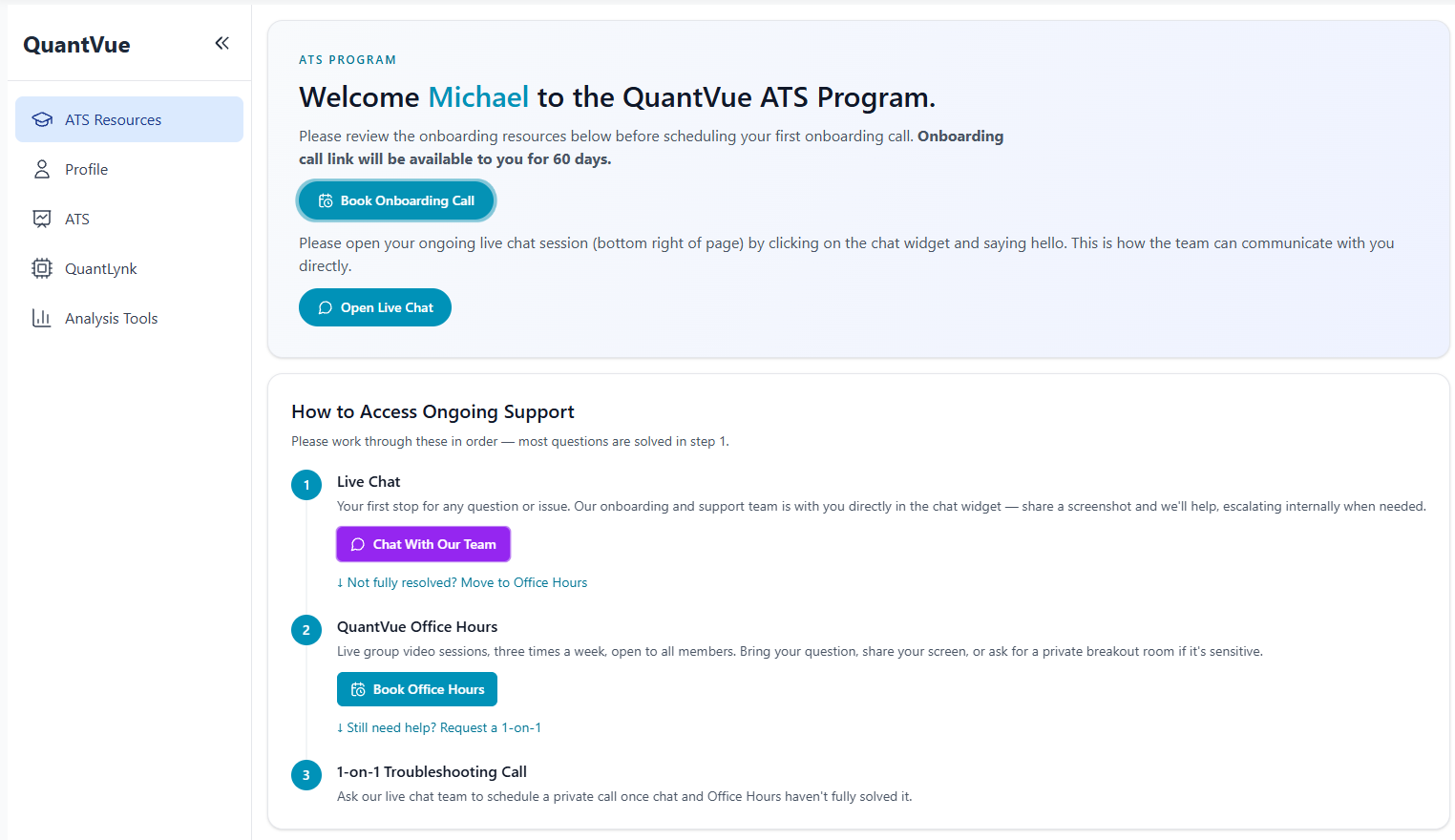 QuantVue onboarding dashboard with live human support