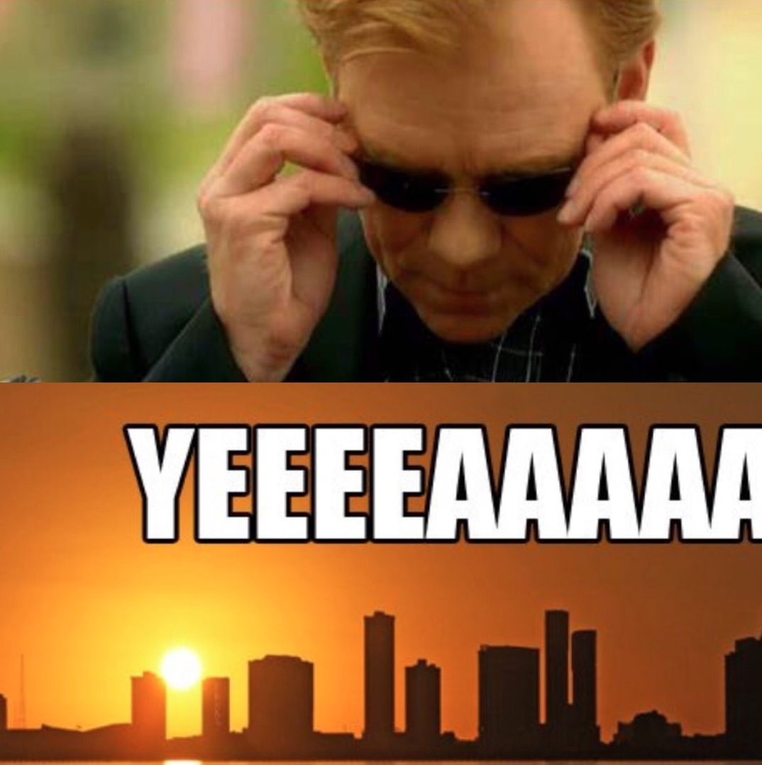 Et meme med han fra CSI Miami som tar på seg solbrillene og en skyline i solnedgang med påskriften YEEEAAAAH