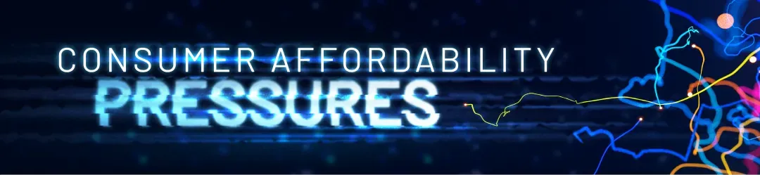 Glowing digital text reads 'Consumer Affordability Pressures' with abstract colorful lines on a dark background.