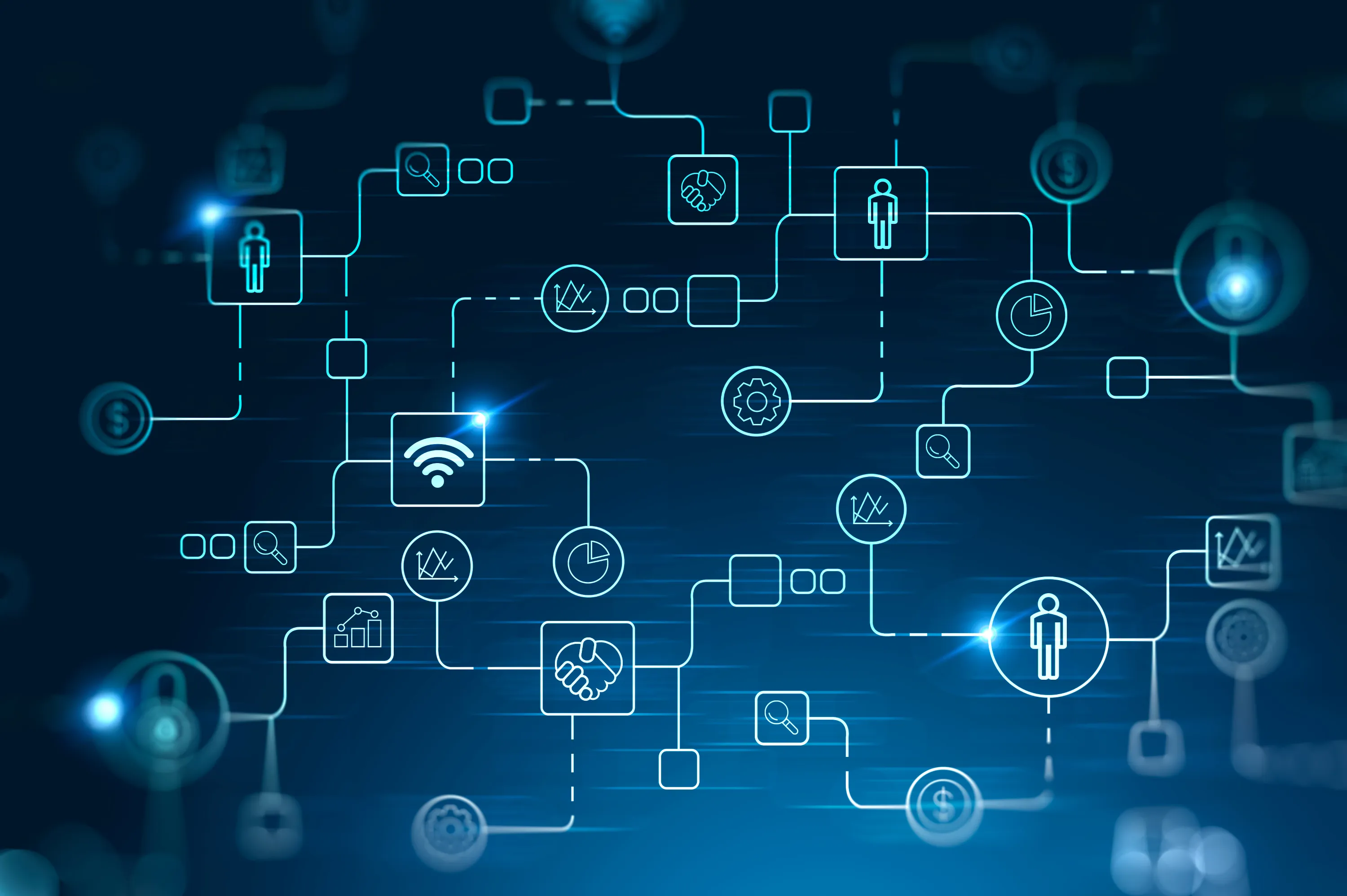 Digital network of interconnected icons including users, graphs, handshake, Wi-Fi, and gears on blue background.