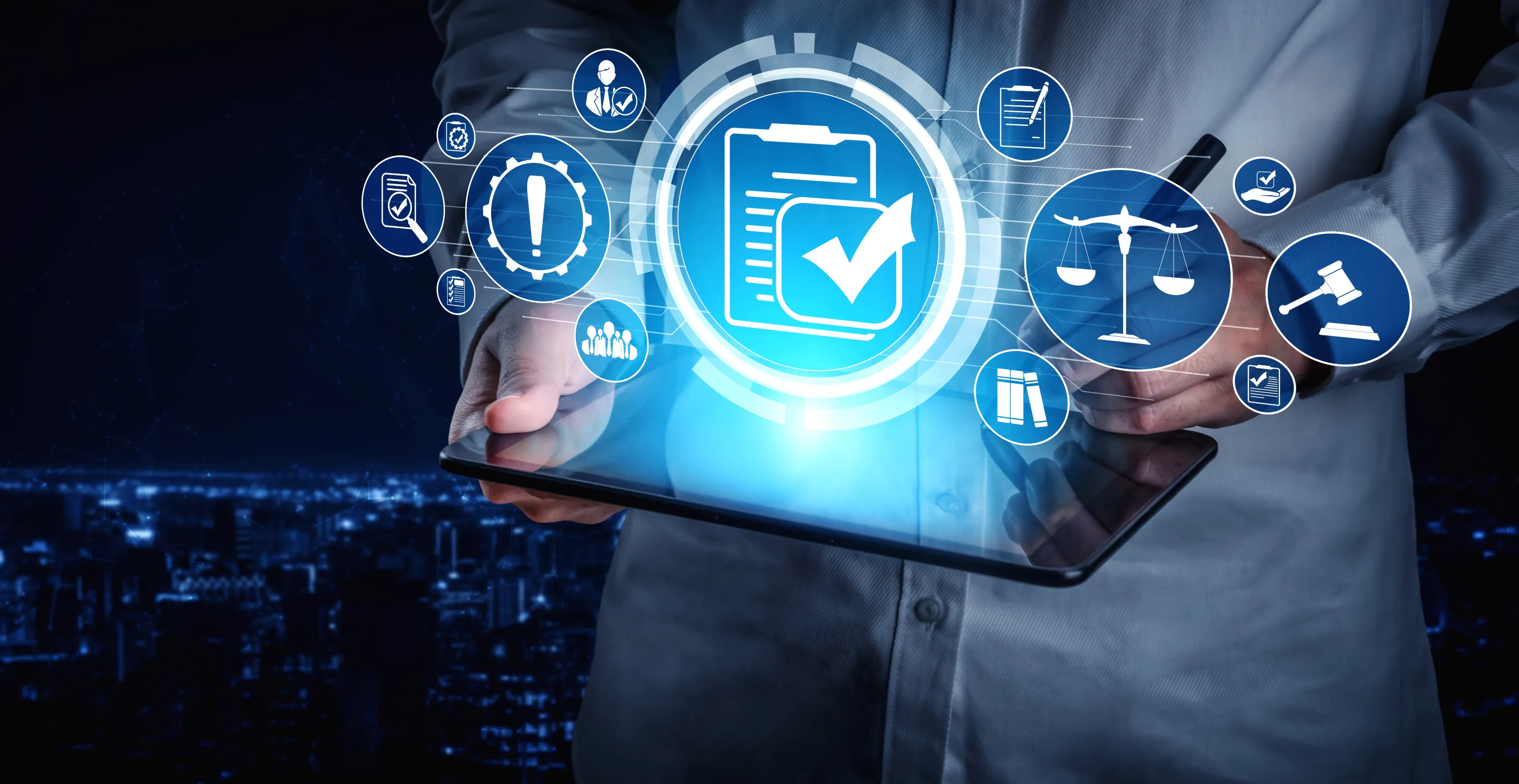 Person holding tablet with floating digital legal icons, including scales, gavel, and documents.