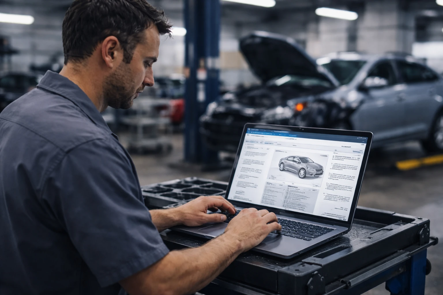 Auto mechanic using laptop with car repair manual software in a garage with a lifted vehicle.