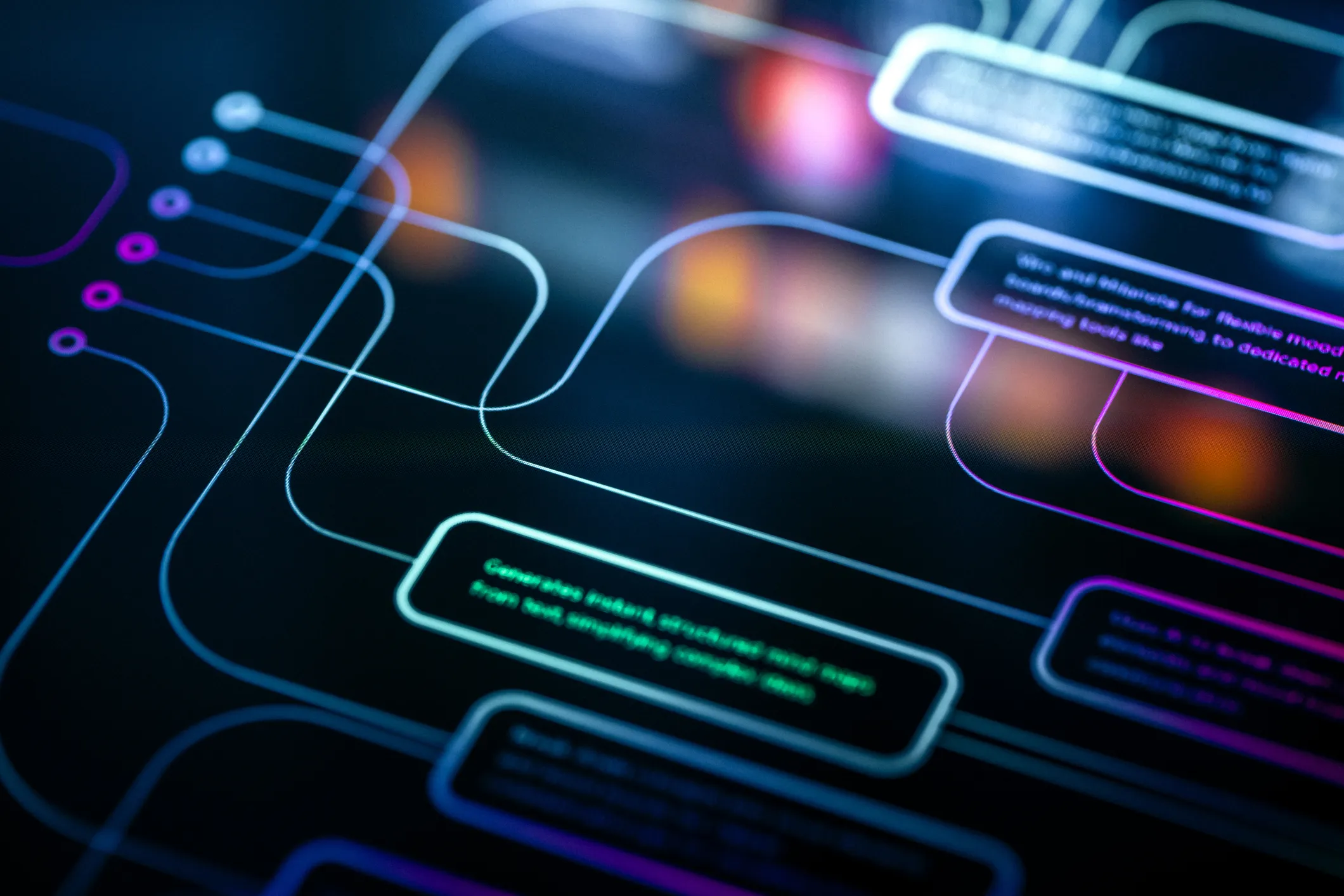 Abstract close-up of a digital flowchart or workflow diagram with interconnected curved lines and glowing rectangular nodes displaying blurred multicolored text on a dark background.