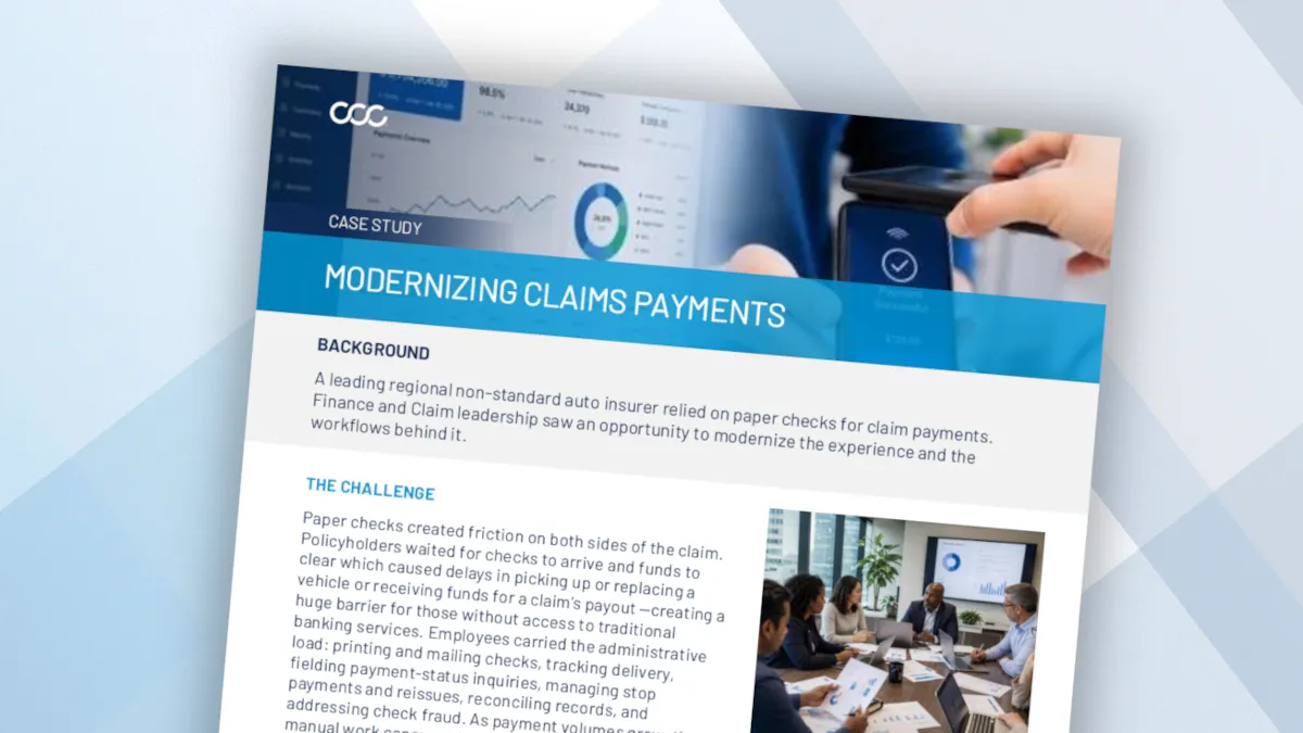 Case study document titled Modernizing Claims Payments, discussing challenges of paper checks in auto insurance payments, with a photo of a meeting among diverse professionals reviewing documents.