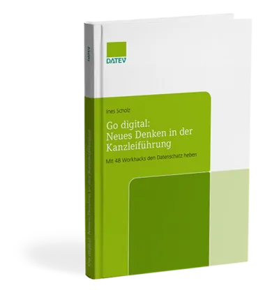 Buchcover "Go Digital" mit einem grünen und weißen Hintergrund, sowie dem DATEV-Logo